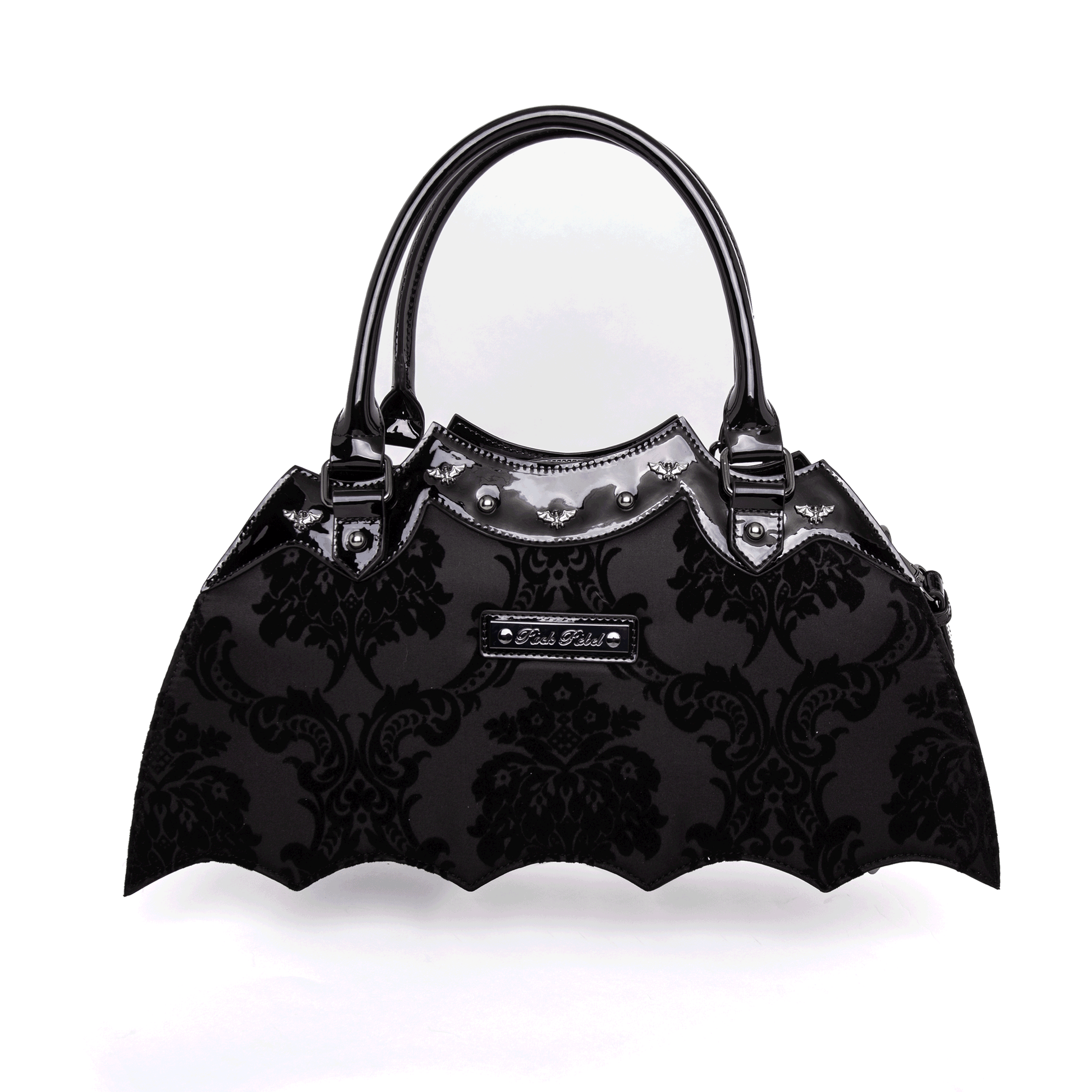 Back of black bat shaped bag with Rock Rebel logo on a white background