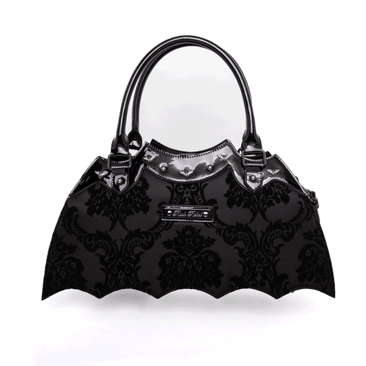 Back of black bat shaped bag with Rock Rebel logo on a white background