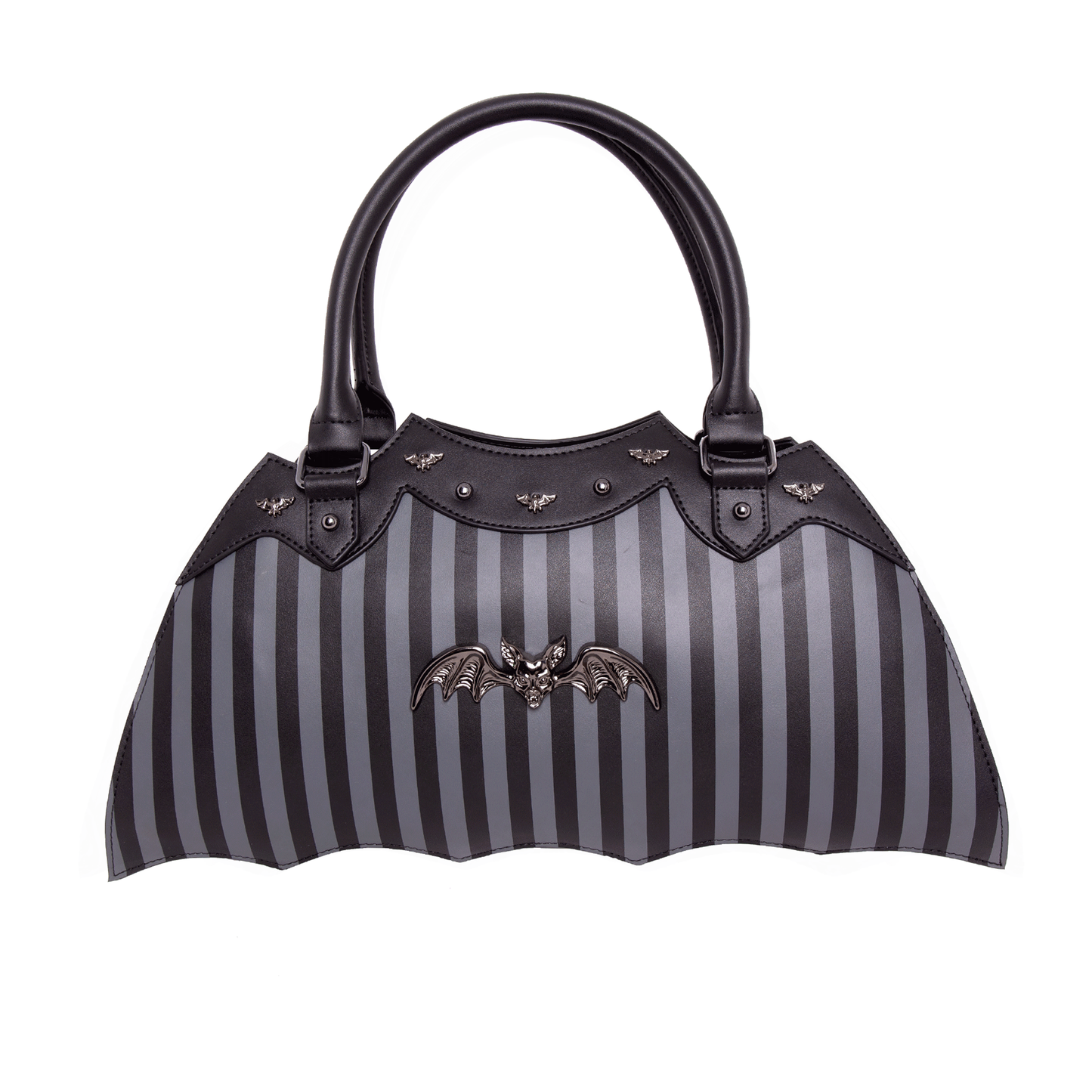 Pinstripe bat shaped bag metal bat and stud embellishments  on a white background