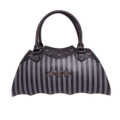 Pinstripe bat shaped bag metal bat and stud embellishments  on a white background