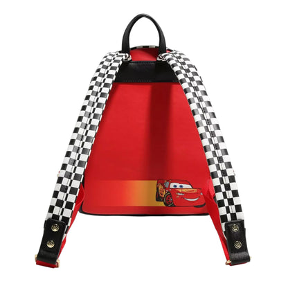 Red backpack with checkered straps and Lightning McQueen design on a white background