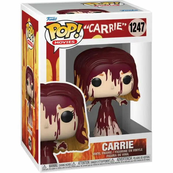 Funko Pop! vinyl figure of Carrie bloody in packaging with 'Pop! Movies' branding.