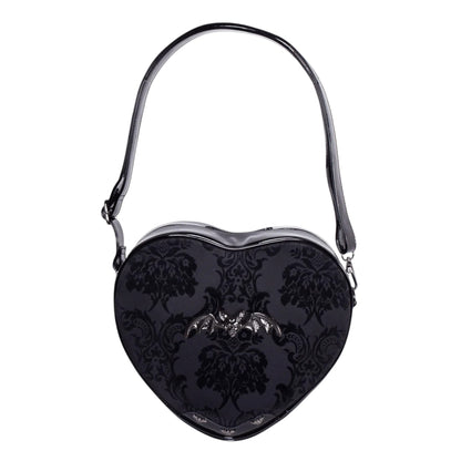 Heart-shaped handbag with black floral pattern on a white background