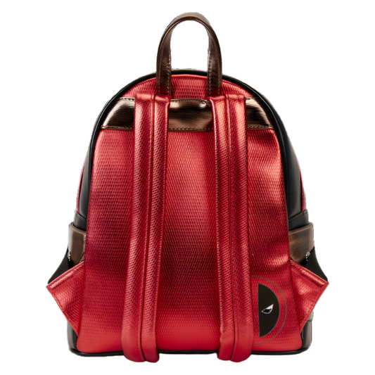 Back of Deadpool backpack with a black logo on a white background
