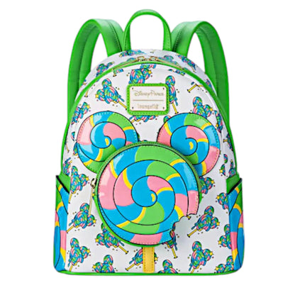 Colorful Mickey Mouse Lollipop backpack with lollipop design on a white background