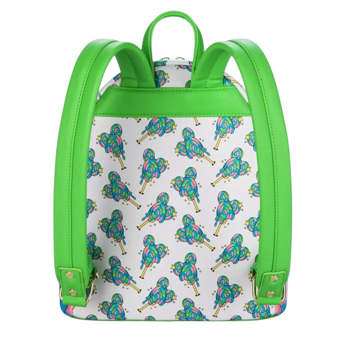 Backpack with colorful lollipop pattern and green straps on a white background