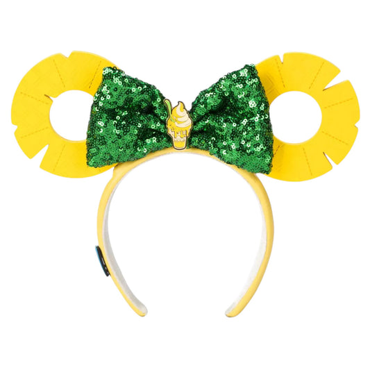 Yellow mouse ears with a green bow and pineapple leaf design on a white background