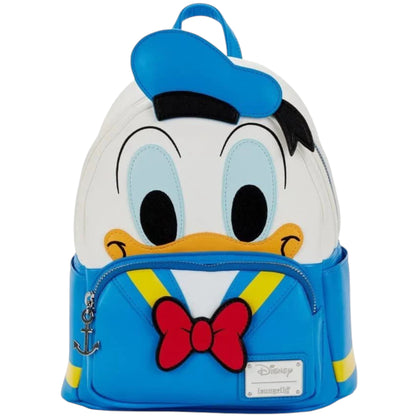 Backpack designed like donald duck's head with a blue hat and red bow tie on a white background