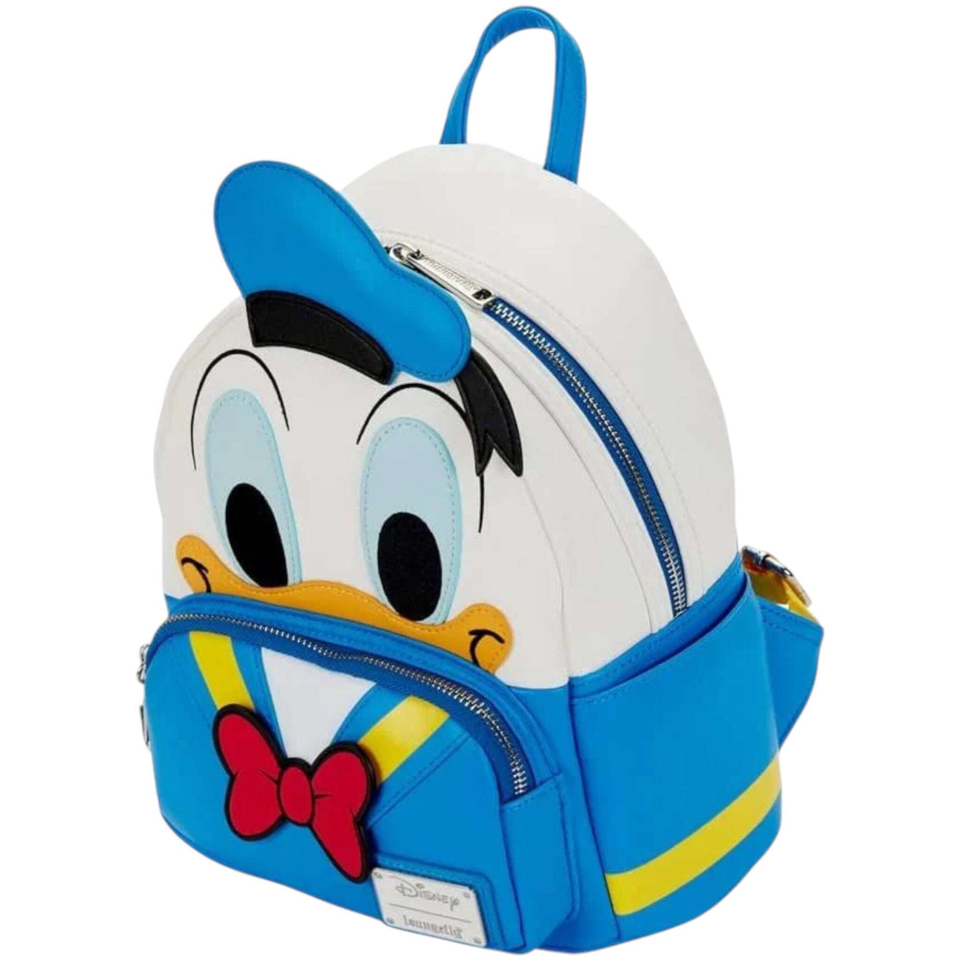 Backpack designed like donald duck's head with a blue hat and bow tie on a white background