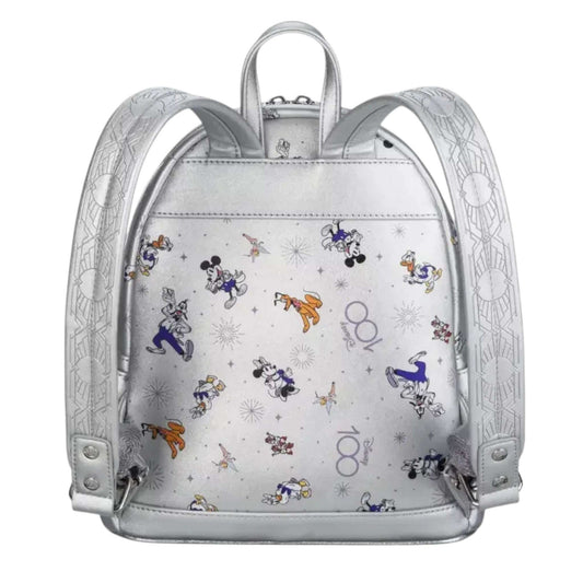 Silver backpack with Mickey and friends character pattern on a white background