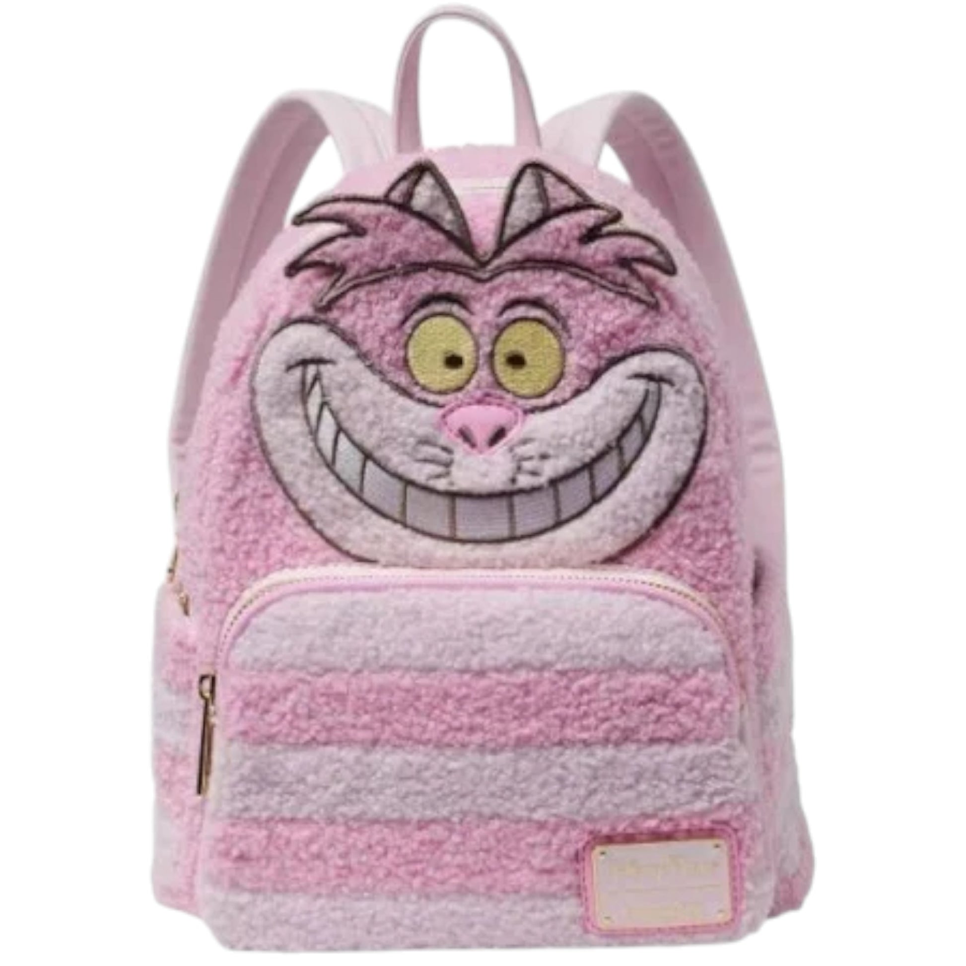 Pink backpack with a Cheshire Cat character face design on a white background