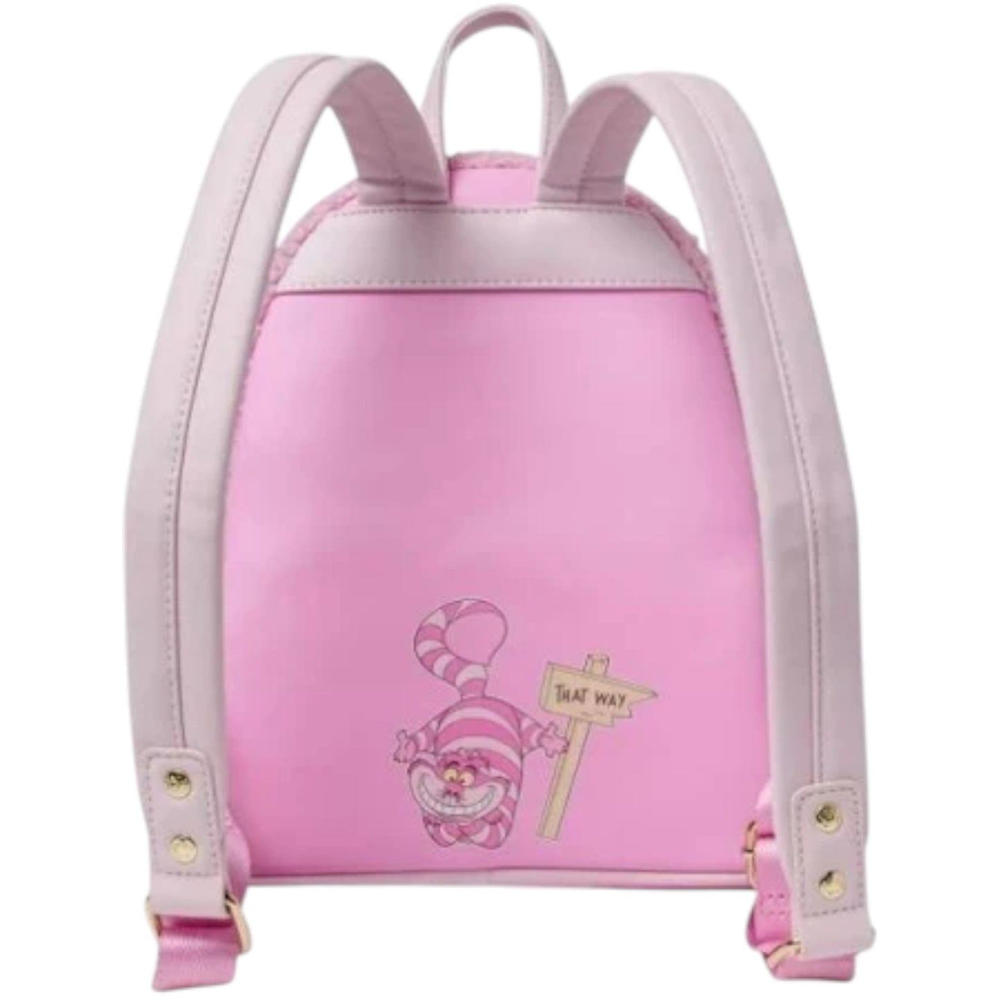 Pink backpack with Cheshire Cat  character holding a sign with text That Way on a white background