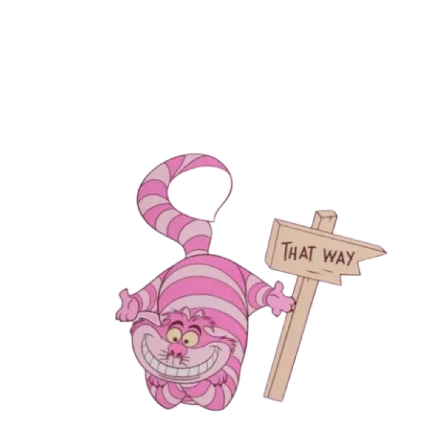 Cheshire Cat character holding a sign with 'That Way' text on a white background