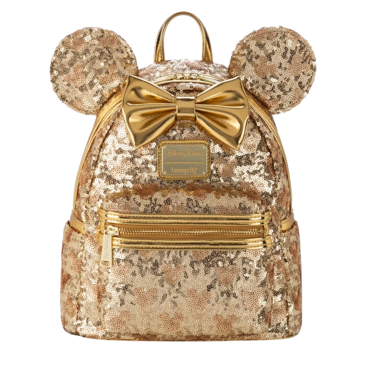 Gold sequin backpack with minnie mouse ears and bow on a white background