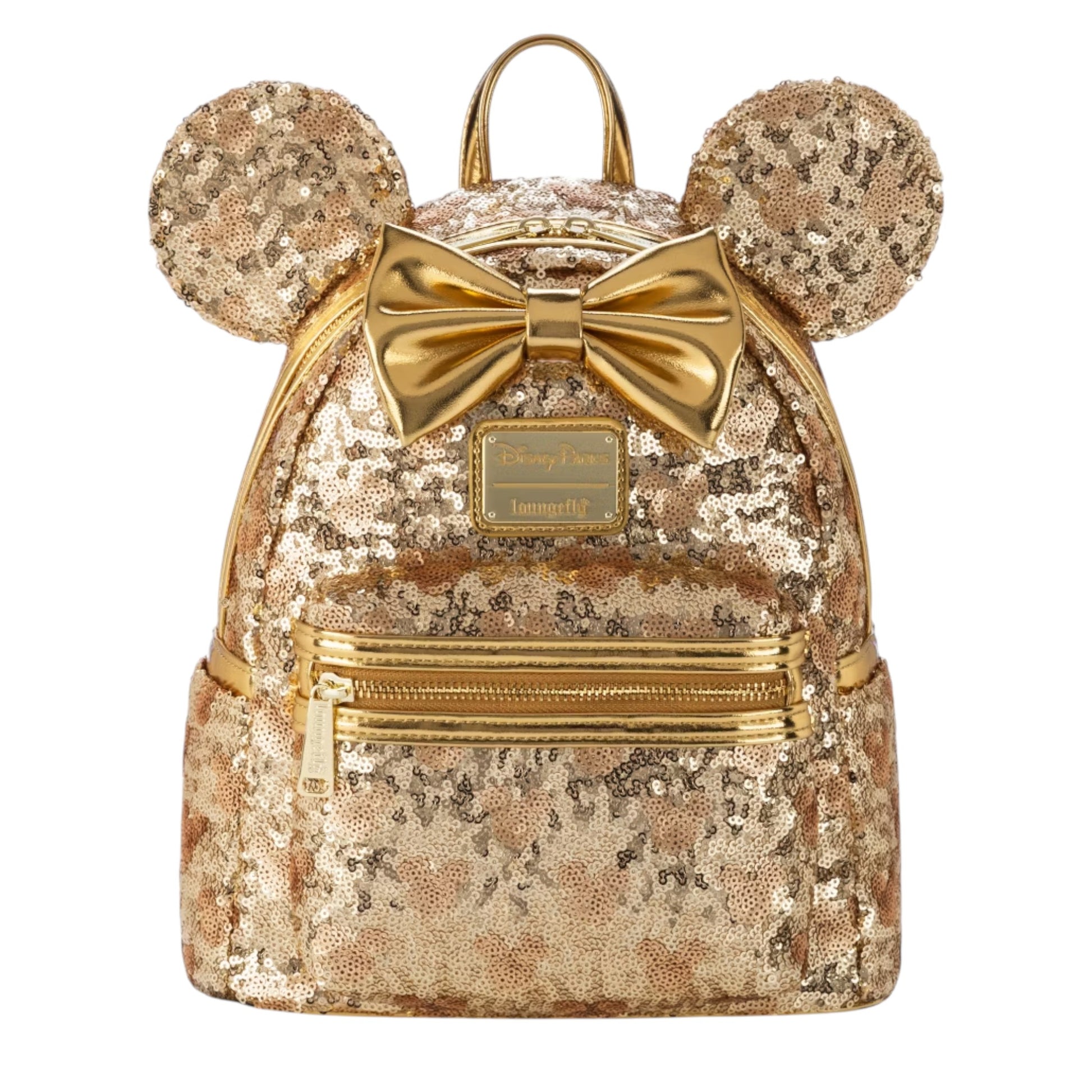 Gold sequin backpack with minnie mouse ears and bow on a white background