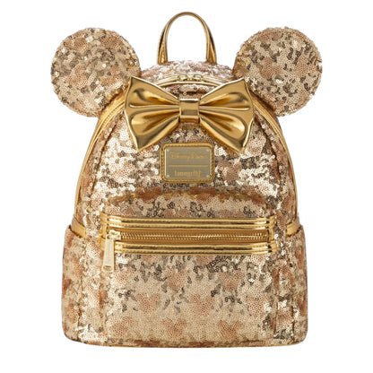 Gold sequin backpack with minnie mouse ears and bow on a white background