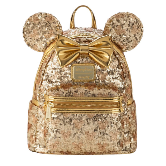 Gold sequin backpack with minnie mouse ears and bow on a white background