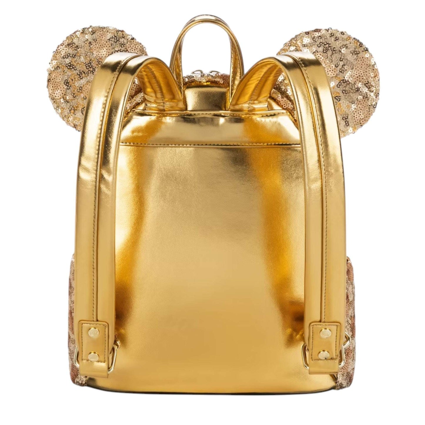 Gold backpack with sparkling minnie mouse ears on a white background