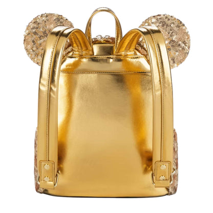 Gold backpack with sparkling minnie mouse ears on a white background