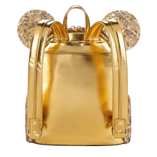 Gold backpack with sparkling minnie mouse ears on a white background