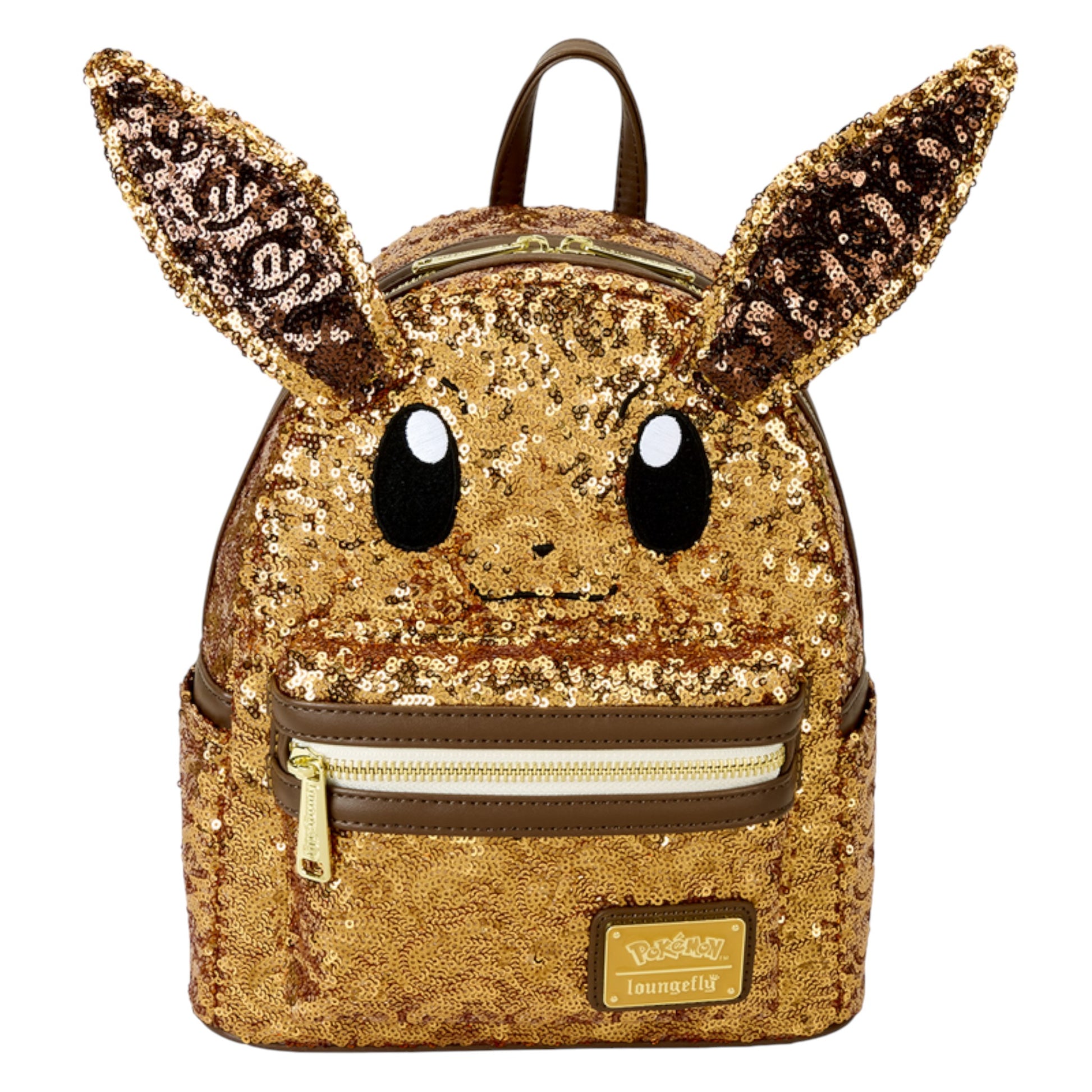 Gold sequin Eevee backpack with rabbit ears and face on a white background