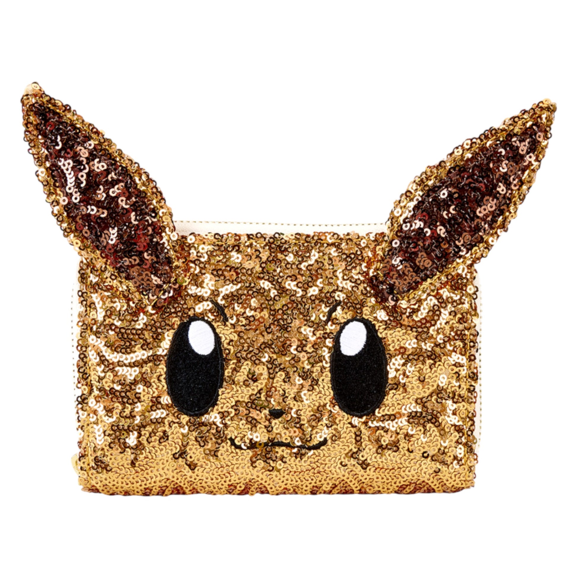 Gold Eevee sequin wallet head design wallet on a white background