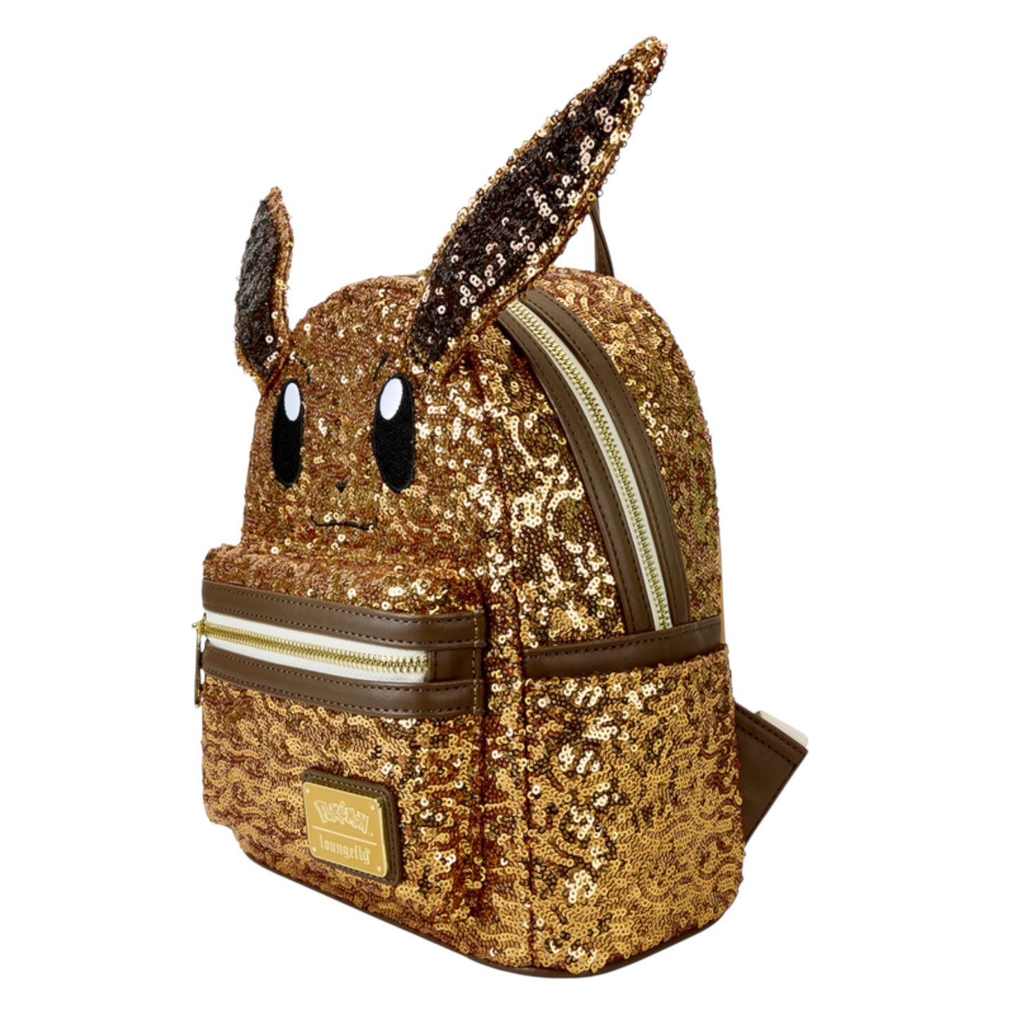 Gold sequin Eevee backpack with rabbit ears on a white background
