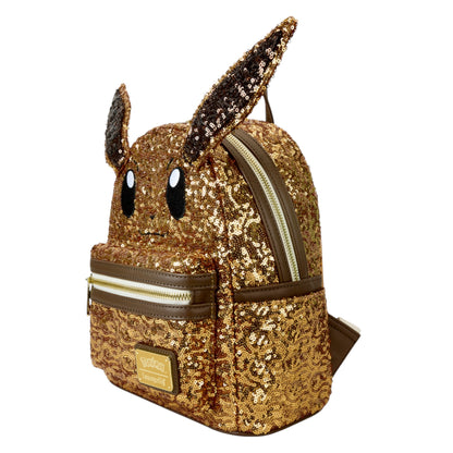 Gold sequin Eevee backpack with rabbit ears on a white background