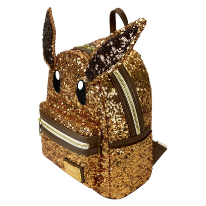 Gold sequin Eevee backpack with animal ears and face on a white background
