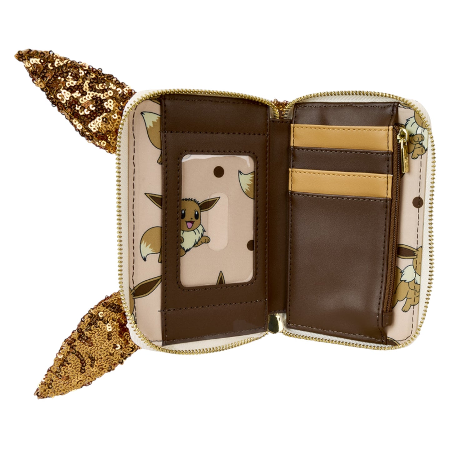 Open wallet with phone pocket and card slots, featuring eevie character on a white background.