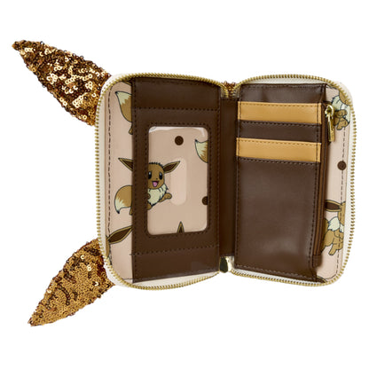 Open wallet with phone pocket and card slots, featuring eevie character on a white background.