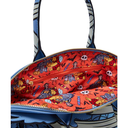 Colorful handbag with Halloween-themed winnie and friends design on a white background