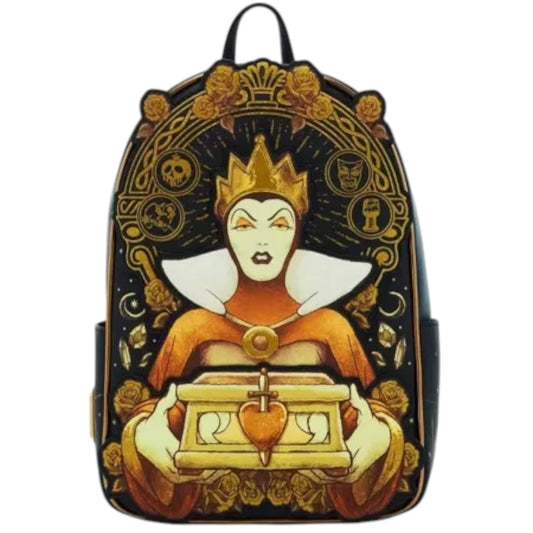 Backpack with a design of the Evil Queen holding a heart, surrounded by decorative elements on a black background.