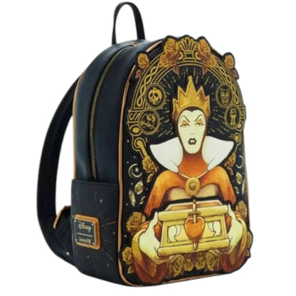 Backpack with a design of the Evil Queen holding a heart, on a white background