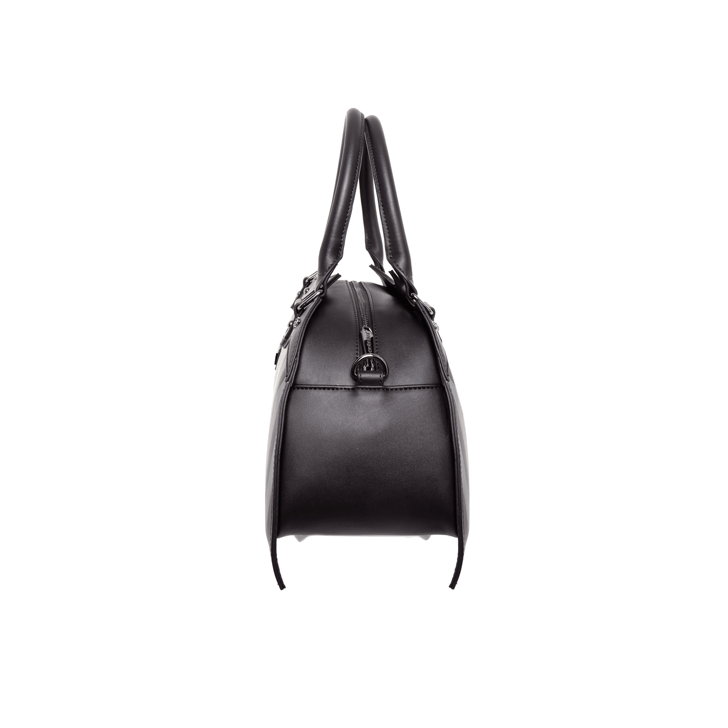 Side view of pinstripe bat shaped bag show crossbody attachment on a white background