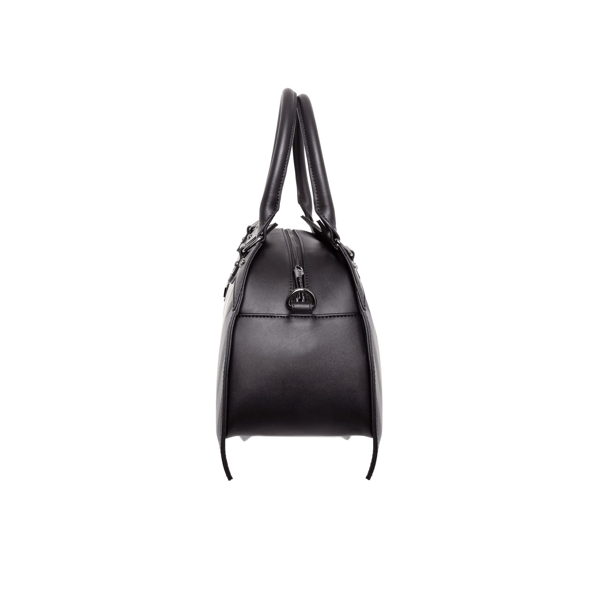 Side view of pinstripe bat shaped bag show crossbody attachment on a white background