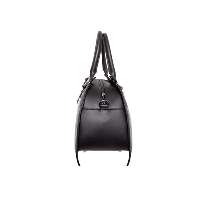 Side view of pinstripe bat shaped bag show crossbody attachment on a white background