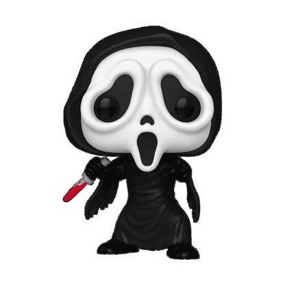 Funko Pop! vinyl figure Ghostface  with a black hood and white face holding a knife with blood on it on a white background