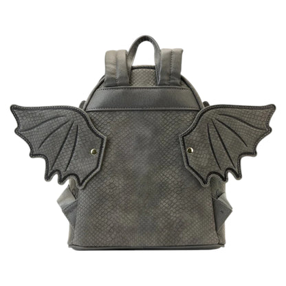 Gray How To Train Your Dragon Toothless Cosplay Mini Backpack designed like a dragon with yellow eyes and a pink tongue with wing designs on a white background
