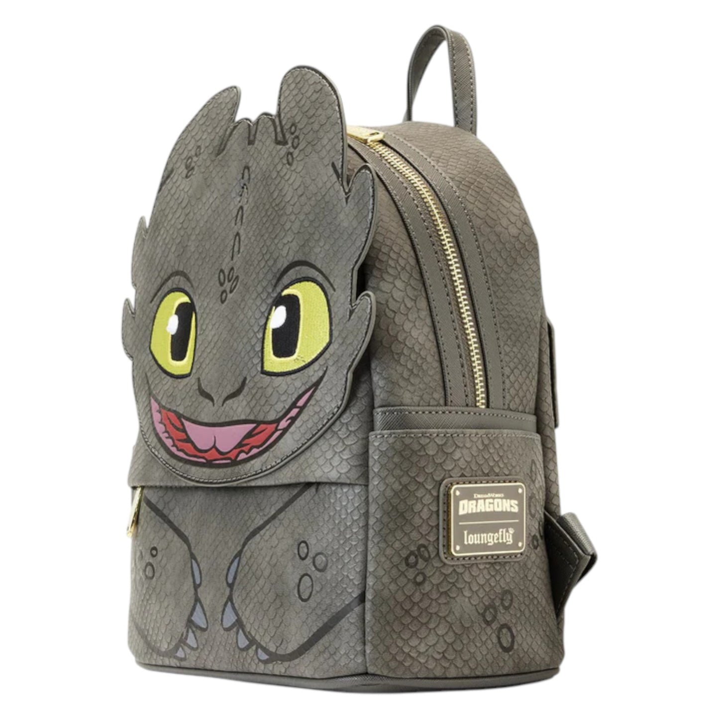 How To Train Your Dragon Toothless Cosplay Mini Backpack designed like a dragon with yellow eyes and a pink tongue on a white background