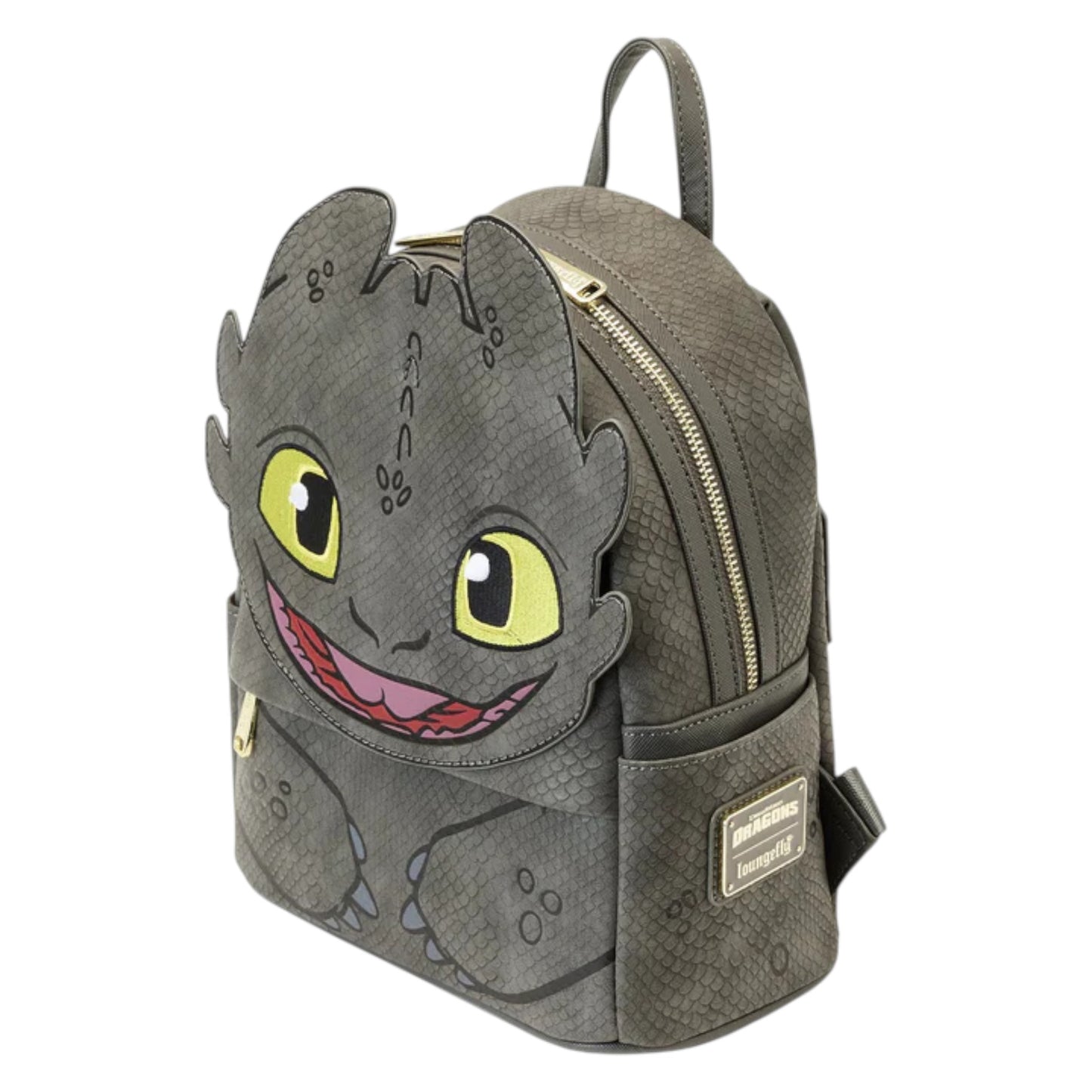 How To Train Your Dragon Toothless Cosplay Mini Backpack designed like a dragon with yellow eyes and a pink tongue on a white background