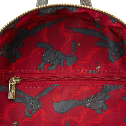 Red inside How To Train Your Dragon Toothless Cosplay Mini Backpack designed like a dragon with grey dragon illustrations on a red background