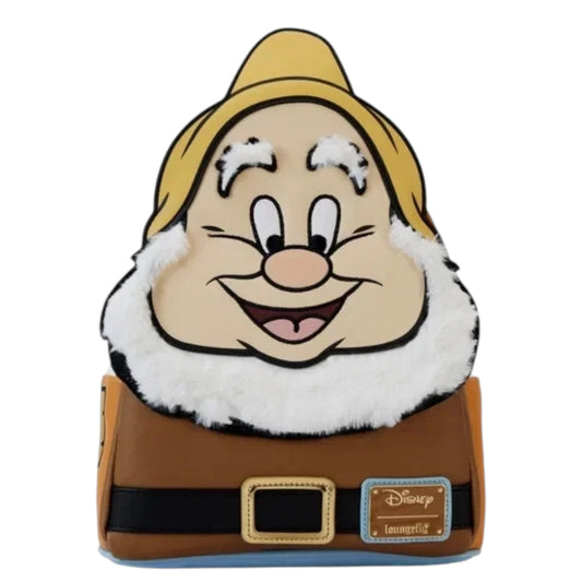 Backpack with Snow White Happy Dwarf character with a smiling face, wearing a hat and outfit, on a white background.