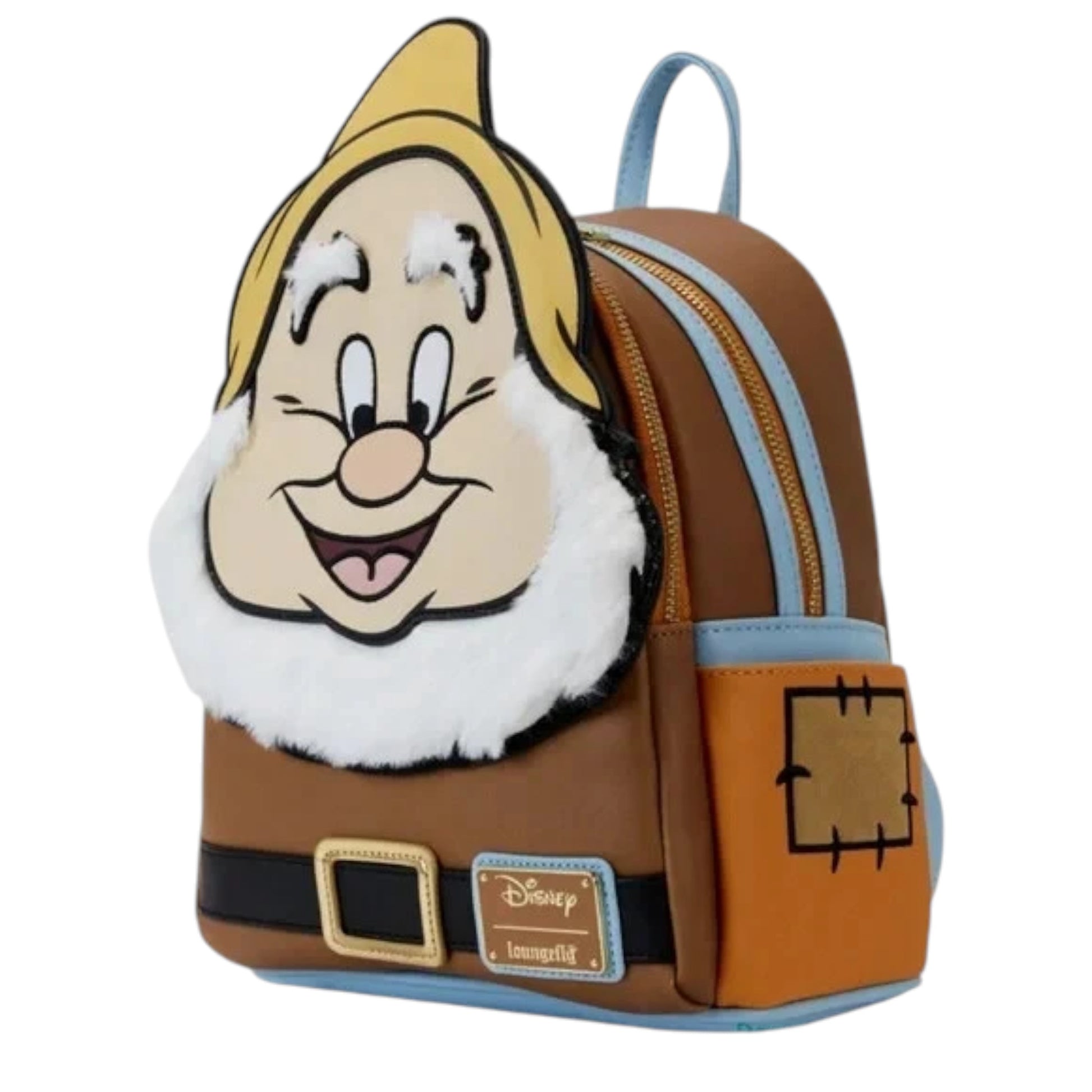Backpack with Snow White Happy Dwarf character face design on a white background