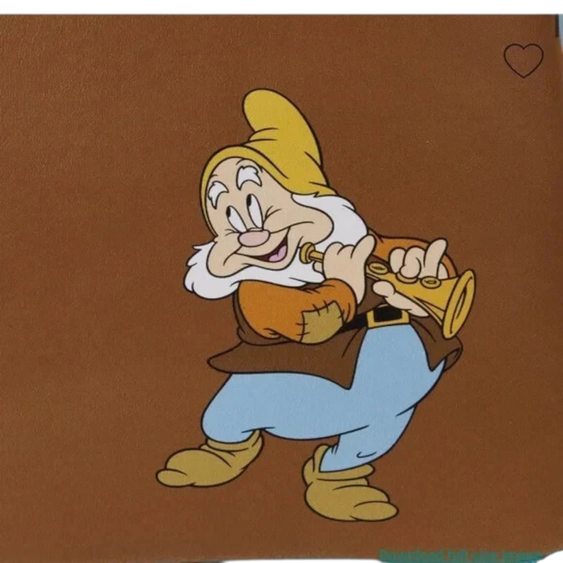 Snow White Happy Dwarf character playing a flute on a brown background