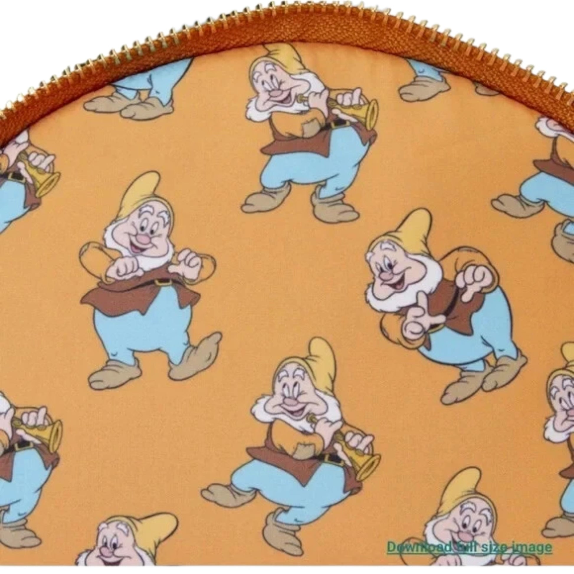 Pattern of animated Snow White Happy Dwarf on a yellow background with an orange zipper.