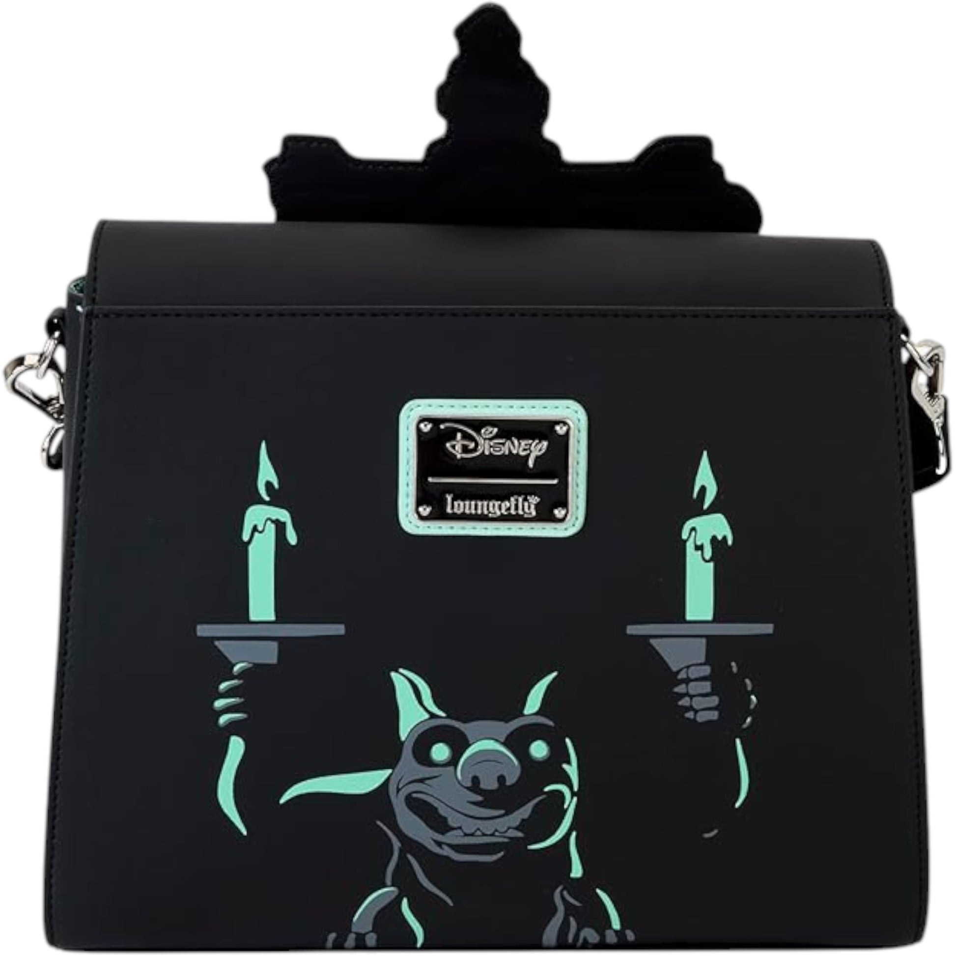 Black handbag with design of a gargoyle character holding candles, featuring the Disney Loungefly logo.
