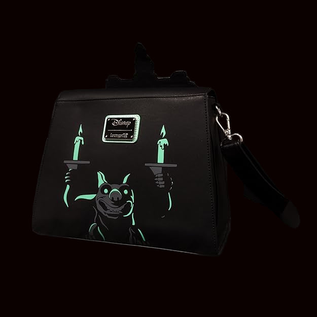 Black bag with glowing green design of a gargoyle holding candles, featuring the Disney Loungefly logo.