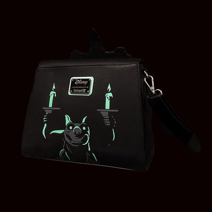 Black bag with glowing green design of a gargoyle holding candles, featuring the Disney Loungefly logo.