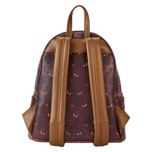 Backpack with brown leather straps and glowing eyes pattern back panel on a white background